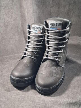 Palladium Pallabosse Grey Leather Waterproof Plus Lace Up Boots VG- US M8.5 W10